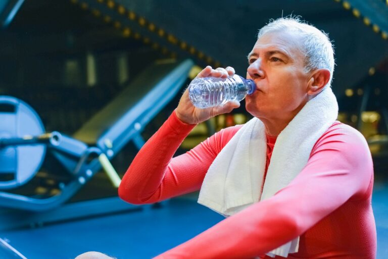 Person trinkt Wasser aus einer Flasche nach dem Sport